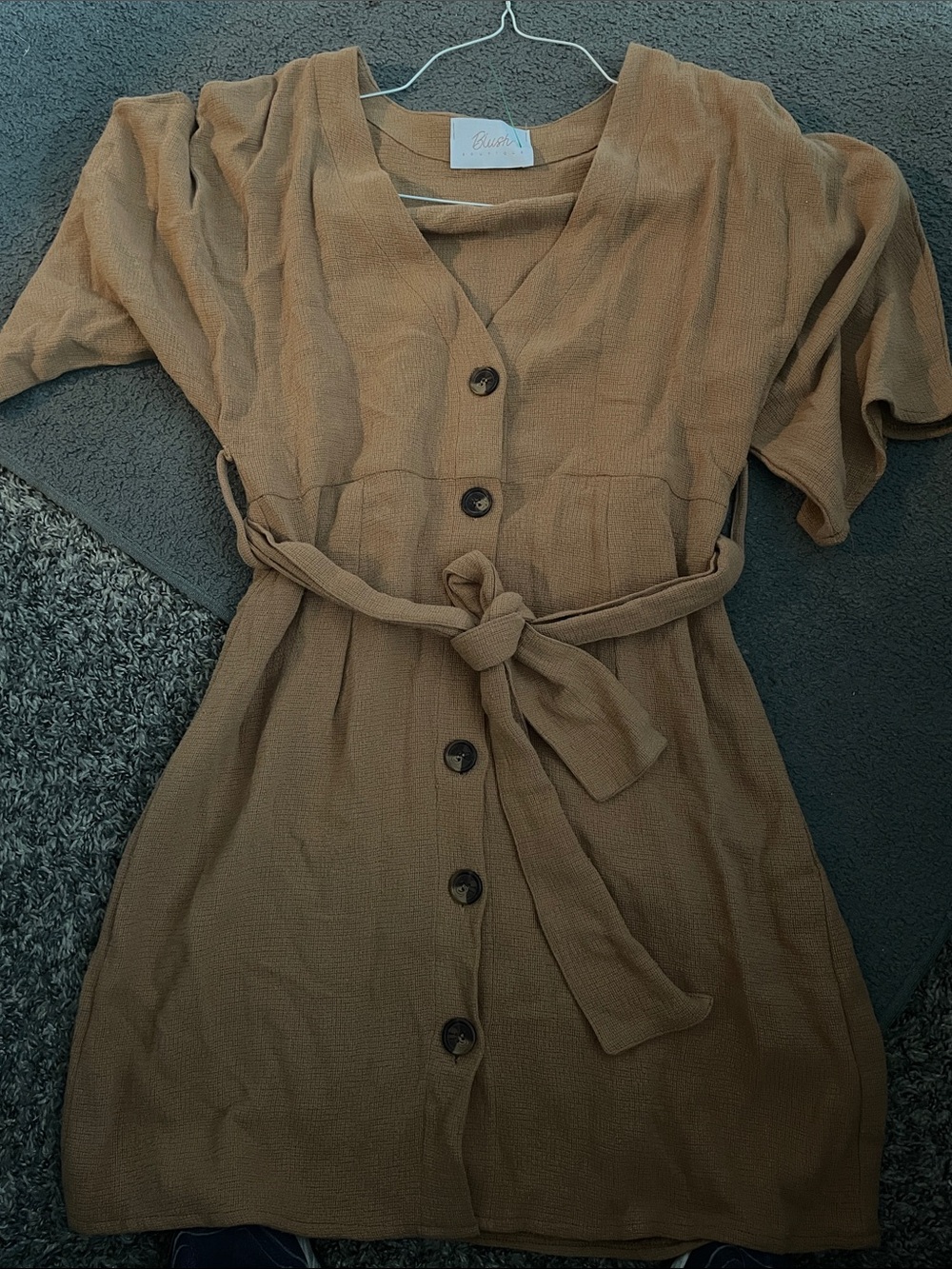 Blush Boutique Button-Front Mini Dress in Tan